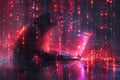 Hacker in a hood using a laptop, coding and data on a code background. Digital symbols and abstract technology concept Royalty Free Stock Photo