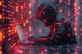 Hacker in a hood using a laptop, coding and data on a code background. Digital symbols and abstract technology concept Royalty Free Stock Photo