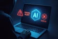 Hacker in Hood Using Laptop Displaying AI System Alert and Error Message computer screen Royalty Free Stock Photo