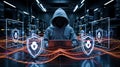 Hacker in Hood Working on Laptop Surrounded by Digital Shields and Server Racks cyber security Royalty Free Stock Photo