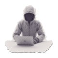 Hacker Hooded Man with dark on face Stealing Data from Computer. Torn out isolated paper sticker. Cyber Attack. Pop Art