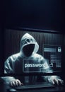 A hacker in a hooded sweatshirt, grabs the word password on a computer screen ,generative ai art