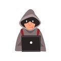 Hacker in Hoodie and Black Mask Stealing Information From Laptop, Internet Crime, Computer Security Technology Cartoon Royalty Free Stock Photo