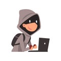 Hacker in Hoodie and Black Mask Stealing Information Using Laptop, Internet Crime, Computer Security Technology Cartoon Royalty Free Stock Photo