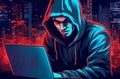 Hacker in hoodie breaking into data server dark theme Royalty Free Stock Photo