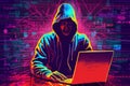 Hacker in hoodie breaking into data server dark theme Royalty Free Stock Photo
