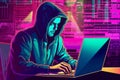 Hacker in hoodie breaking into data server dark theme Royalty Free Stock Photo