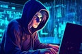 Hacker in hoodie breaking into data server dark theme Royalty Free Stock Photo