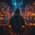 Hacker in hoodie - cyber security threat and digital intrusion. Digital security concept. circuit lines on dark background