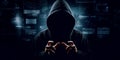 Hacker in hoodie dark theme cybersecurity vulnerability. Generative Ai