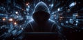 Hacker in hoodie dark theme cybersecurity vulnerability. Generative Ai