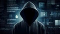 Hacker in hoodie dark theme cybersecurity vulnerability. Generative Ai