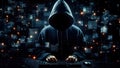 Hacker in hoodie dark theme cybersecurity vulnerability. Generative Ai