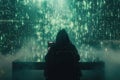 A hacker in a hoodie focused on a large screen filled with cascading green code in a dark, misty room, creating an