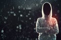Hacker in hoodie with folded arms standing on abstract dark hacking background with bokeh circles and binary coding. Malware and Royalty Free Stock Photo