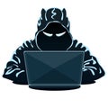 hacker in hoodie with laptop on white background