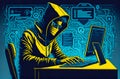 Hacker in hoodie and mask that hides his face works on a computer