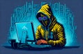 Hacker in hoodie and mask that hides his face works on a computer