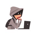 Hacker in Hoodie and Mask Trying to Cyber Attack Using Laptop, Internet Crime, Computer Security Technology Cartoon Royalty Free Stock Photo