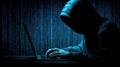 Hacker in Hoodie Typing on Laptop With Neon Code Backdrop Showcasing Data Theft in a Dark Environment Royalty Free Stock Photo
