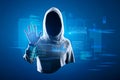 Hacker in hoodie using abstract blue coding and tech information hologram interface. Database, hacking, cloud computing and Royalty Free Stock Photo