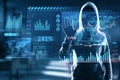 Hacker in hoodie using glowing forex chart trading interface on blurry background. Market, hacking, malware, data theft, economy Royalty Free Stock Photo