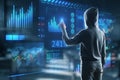 Hacker in hoodie using glowing forex chart trading screen on blurry background. Market, hacking, malware, data theft, economy and Royalty Free Stock Photo