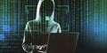 Hacker in hoodie using laptop on abstract binary code background with face recognition interface. Hacking, ID and innovation Royalty Free Stock Photo