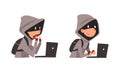 Hacker in Hoody and Mask Stealing Money Using Laptop Vector Set