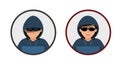 The hacker icon. man in a black hoodie is sitting at a laptop. hacker in circle Isolated