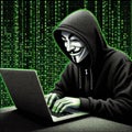 hacker illustration , black hoodie working with a notebook, green code flowing in the background, pointillism