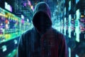 Hacker immersed in an abstract, blurred metaverse of cyber reality.