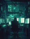 A hacker immersed in work at a desk with multiple computer screens in a dimly lit room, displaying lines of code and