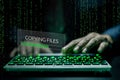 Hacker initiating file-transfer with binary code background. Royalty Free Stock Photo