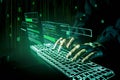 Hacker initiating file-transfer with binary code background. Royalty Free Stock Photo