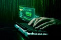 Hacker initiating file-transfer with binary code background. Royalty Free Stock Photo