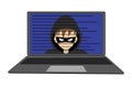Hacker inside the laptop, cybercrime. The face of the hacker in the computer. Hacking someone else's data. Vector