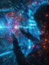 A hacker interacts with a digital interface, manipulating complex data and visualizations in a dimly lit, high-tech