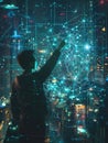 A hacker interacts with a digital interface while observing an illuminated city skyline during nighttime. Generative AI