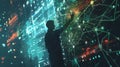 A hacker interacts with a glowing digital interface, manipulating data in a darkened setting that highlights advanced
