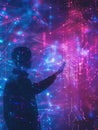 A hacker interacts with a glowing digital interface surrounded by vibrant neon lights, demonstrating skills in a high