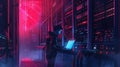 A hacker interacts with a glowing laptop while accessing servers in a dimly lit, high-tech environment, highlighting a