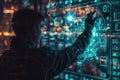A hacker interacts with a holographic interface, analyzing intricate data patterns illuminated by city lights outside