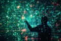 A hacker interacts with vibrant digital data patterns in a dimly lit environment, showcasing advanced technology and