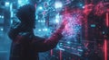 A hacker interacts with a vibrant digital interface, manipulating data and visuals in a high-tech urban setting under
