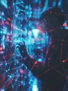 A hacker interacts with vibrant digital network visualizations while wearing a virtual reality headset, immersed in a