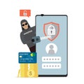 Hacker with key steals passwords, money and credit card information. Cellphone with ineffective antivirus. Data protection concept