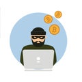 Hacker, laptop and bitcoin cryptocurrency robbery