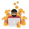 Hacker, laptop and bitcoin cryptocurrency robbery