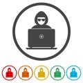 Hacker with laptop computer ring icon, color set Royalty Free Stock Photo